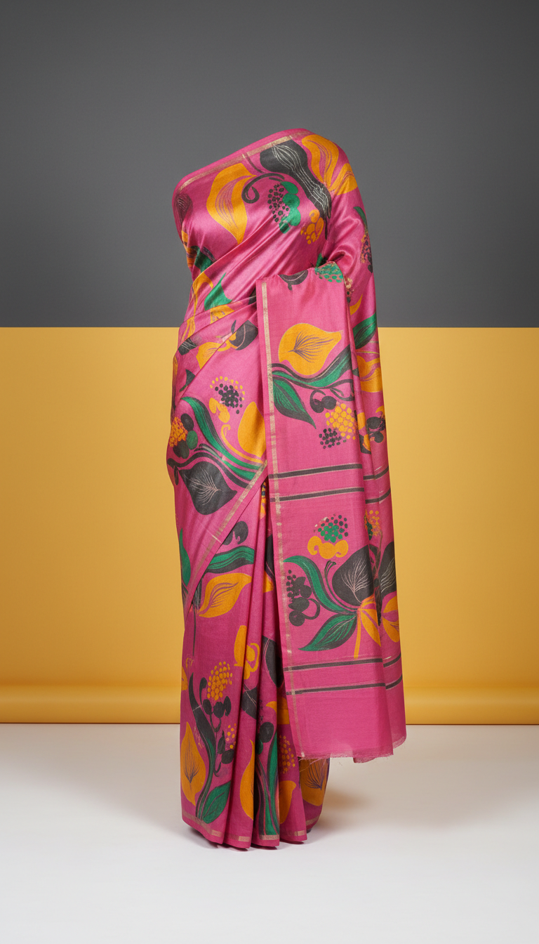 Hand-Painted Rani Pink Silk Saree